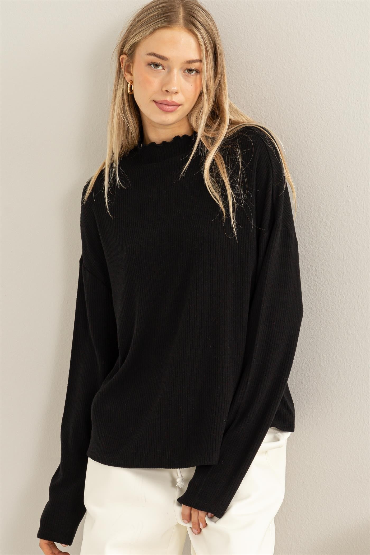 Oversized High Neck Top With Side Slit