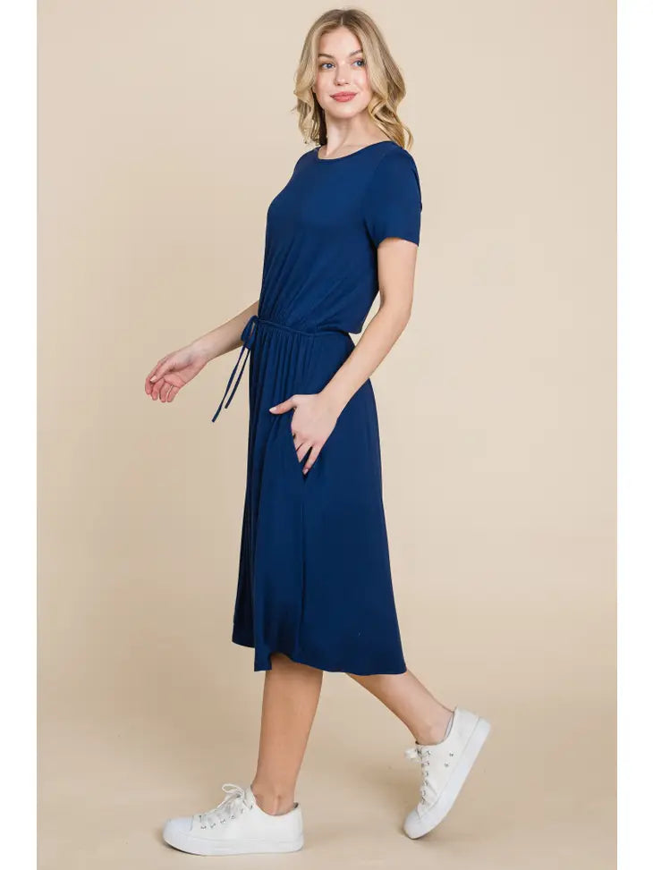 Solid Drawstring Waist Midi Dress