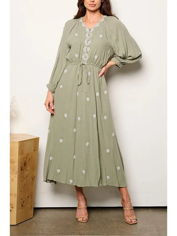 Long Sleeve V-Neck Button Up Embroidery Maxi Dress