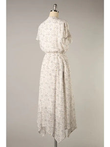 White Cinch Waist Floral Dress