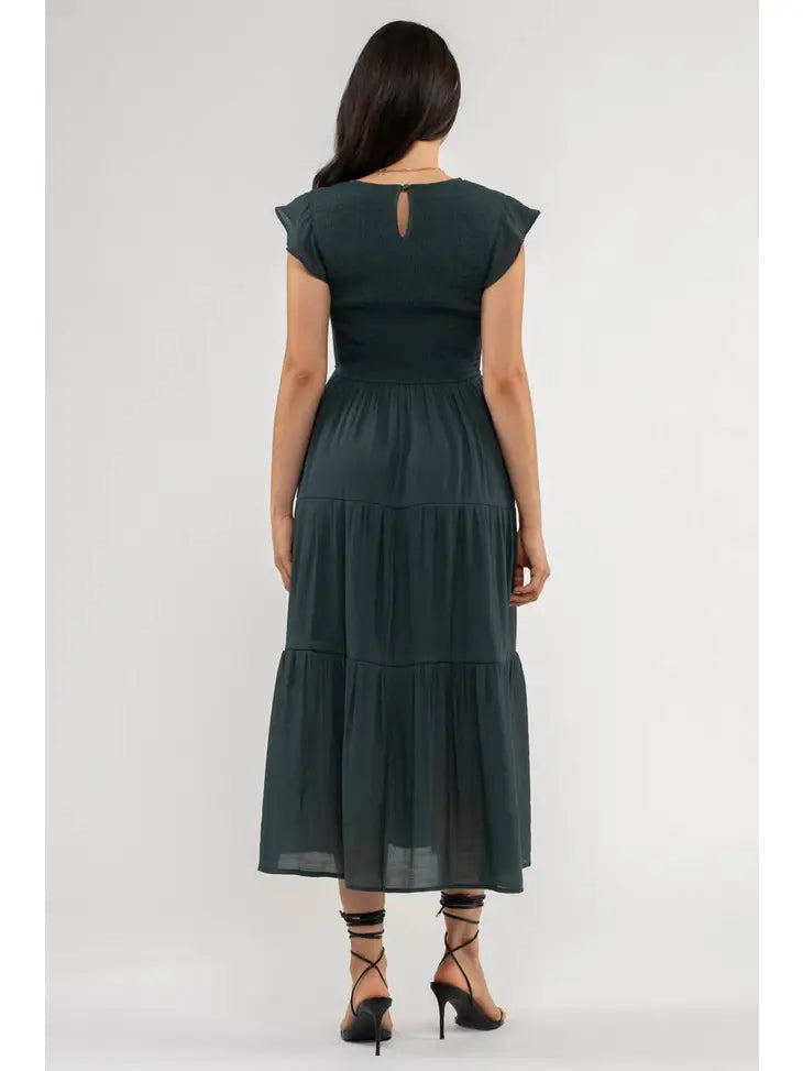 Black Smocked Tiered Midi Dress