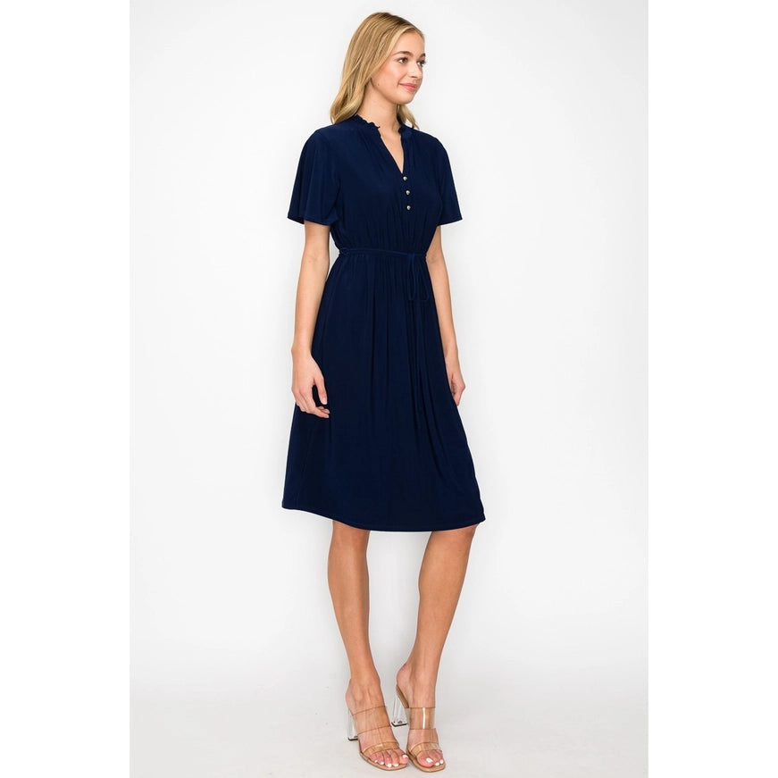 Ruffle Neck Half Placket Short Sleeve Aline Dress