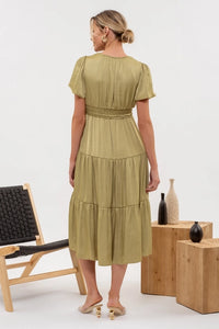 Split Neck Tiered Midi Dress- Olive