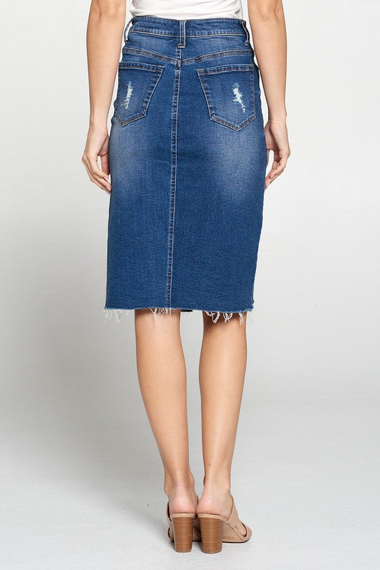 High Rise Distressed Denim Skirt