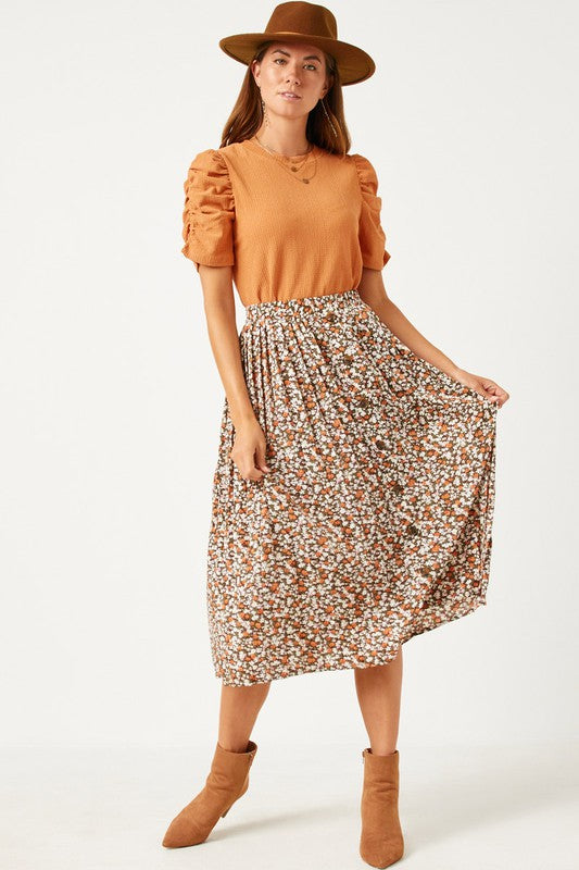 Women's Vintage Button Down Floral Midi Skirt