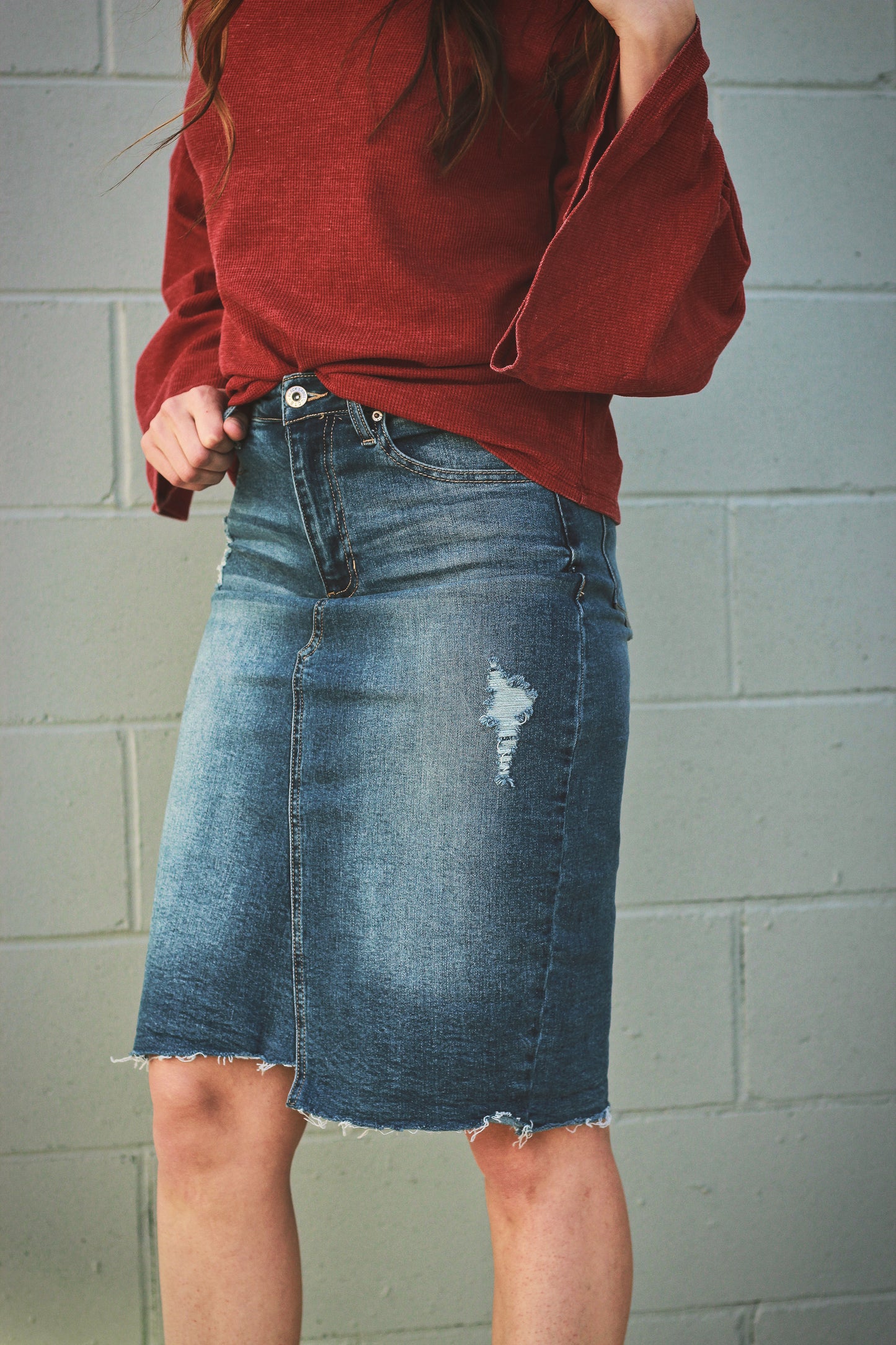 High Rise Distressed Denim Skirt
