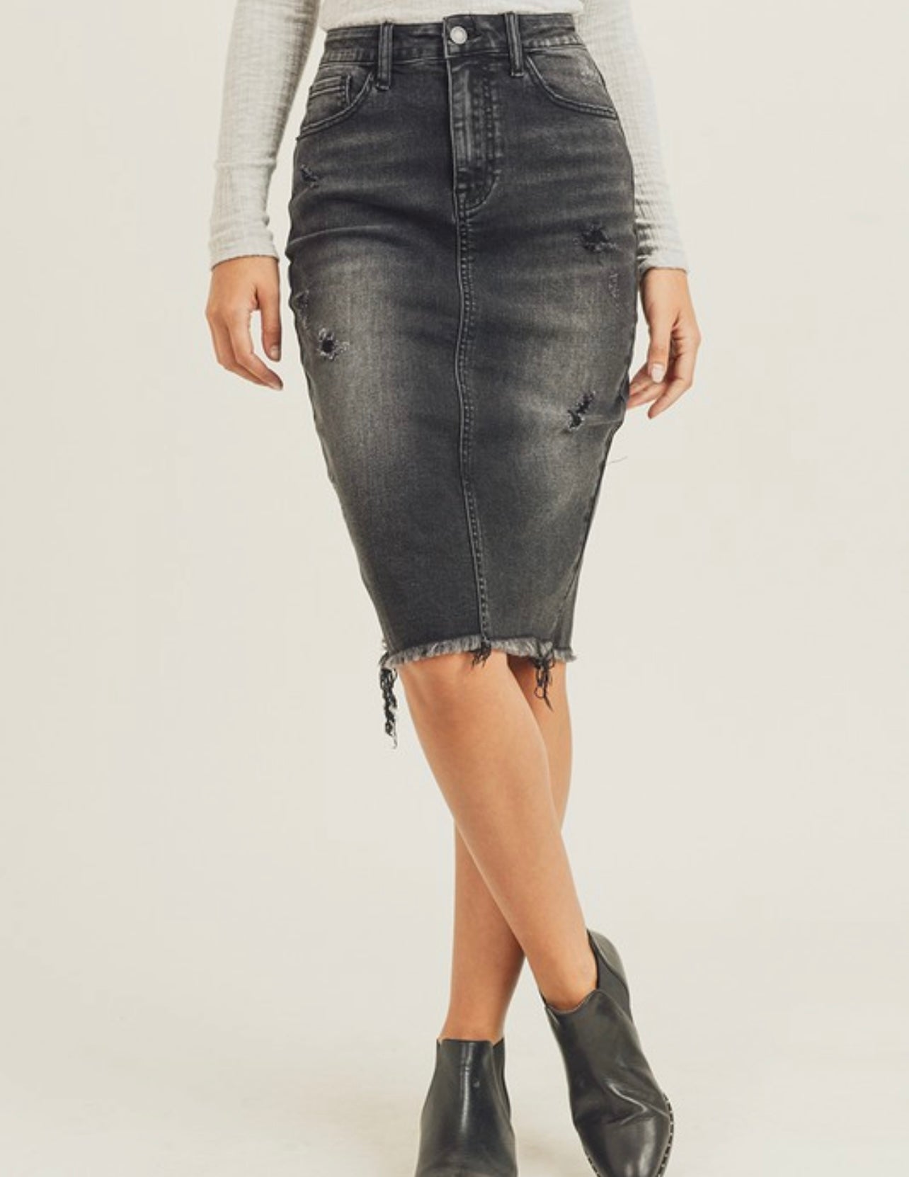 Black Distressed Denim Skirt