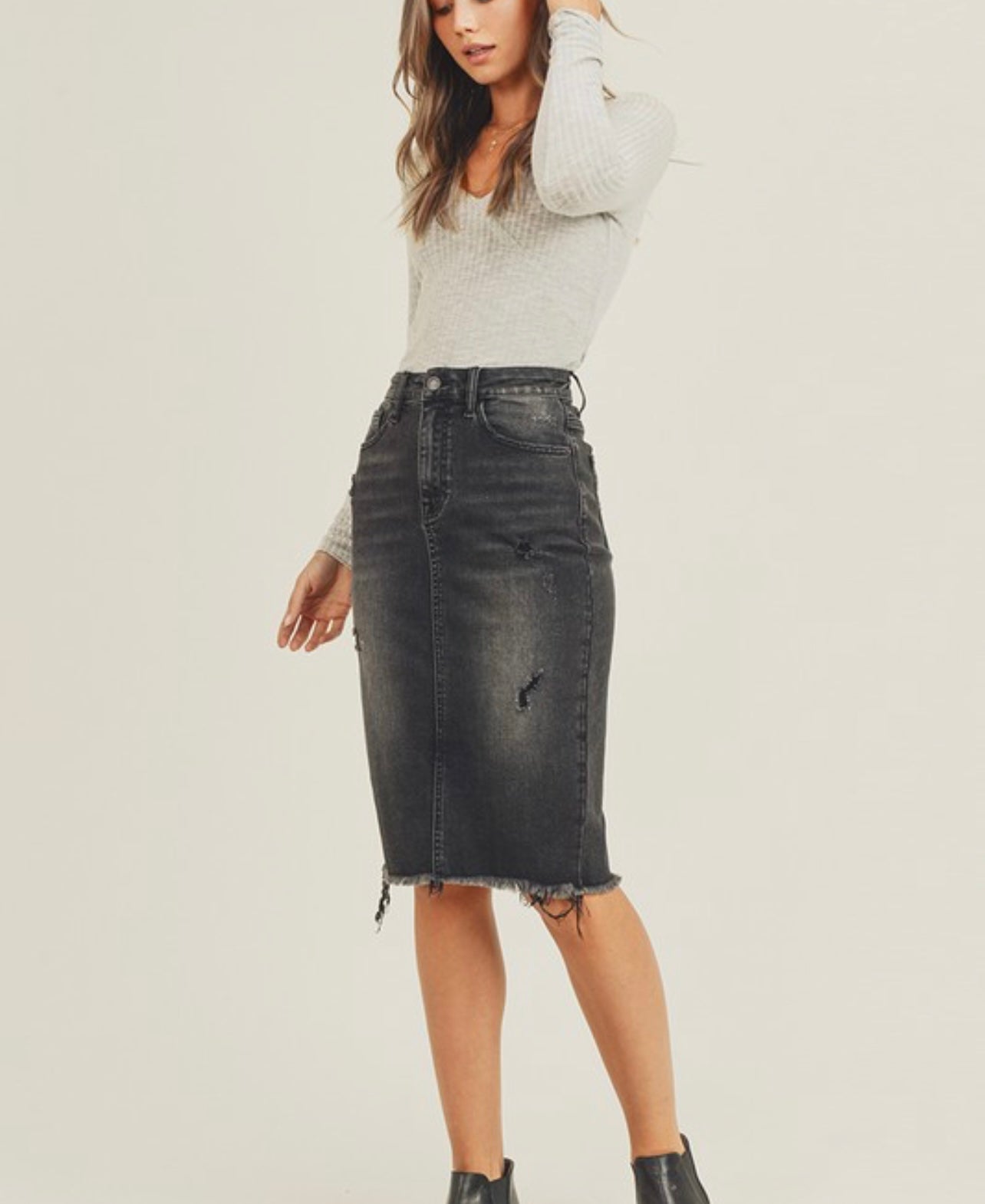 Black Distressed Denim Skirt